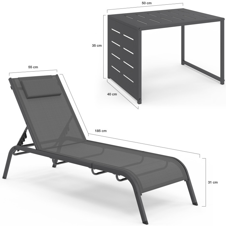 Set di 2 lettini da giardino reclinabili con tavolino in acciaio grigio - BORA | IdMarket