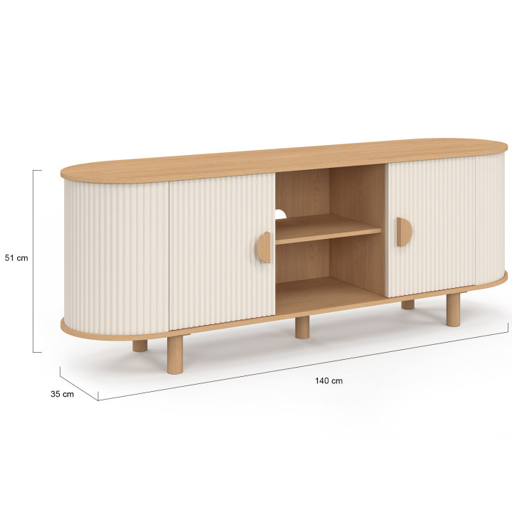 Porta TV 140 cm a 2 ante effetto scanalato beige e legno - KANEL | IdMarket
