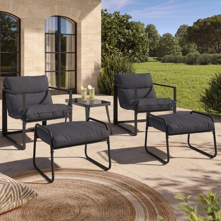 Set di 2 poltrone da giardino con poggiapiedi grigio e cuscino grigio antracite