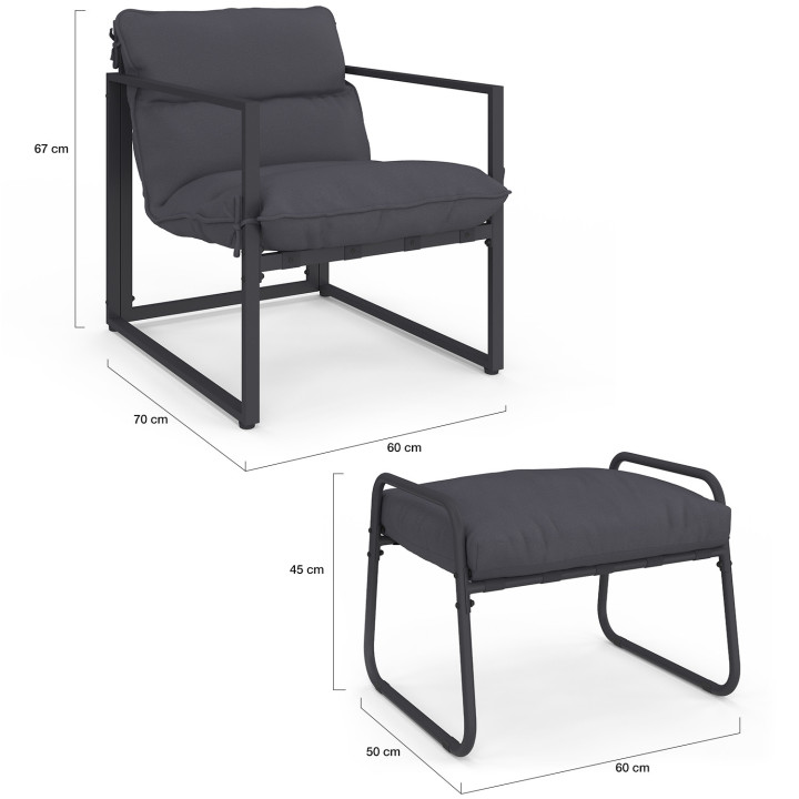 Set di 2 poltrone da giardino con poggiapiedi grigio e cuscino grigio antracite