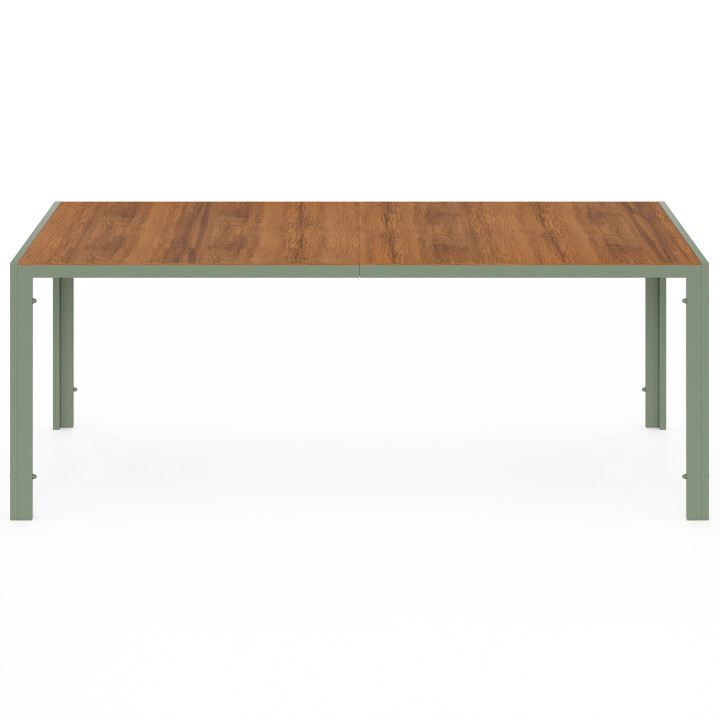 Set di mobili da giardino - Tavolo da 190 cm con piano in vetro temperato effetto legno e 8 sedie impilabili in legno e verde