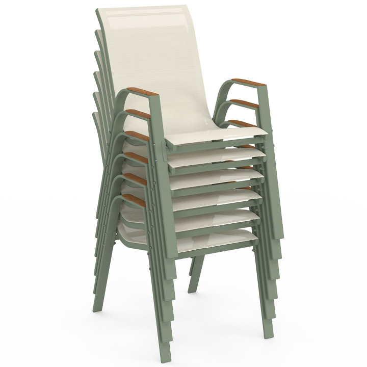 Set di mobili da giardino - Tavolo da 190 cm con piano in vetro temperato effetto legno e 8 sedie impilabili in legno e verde