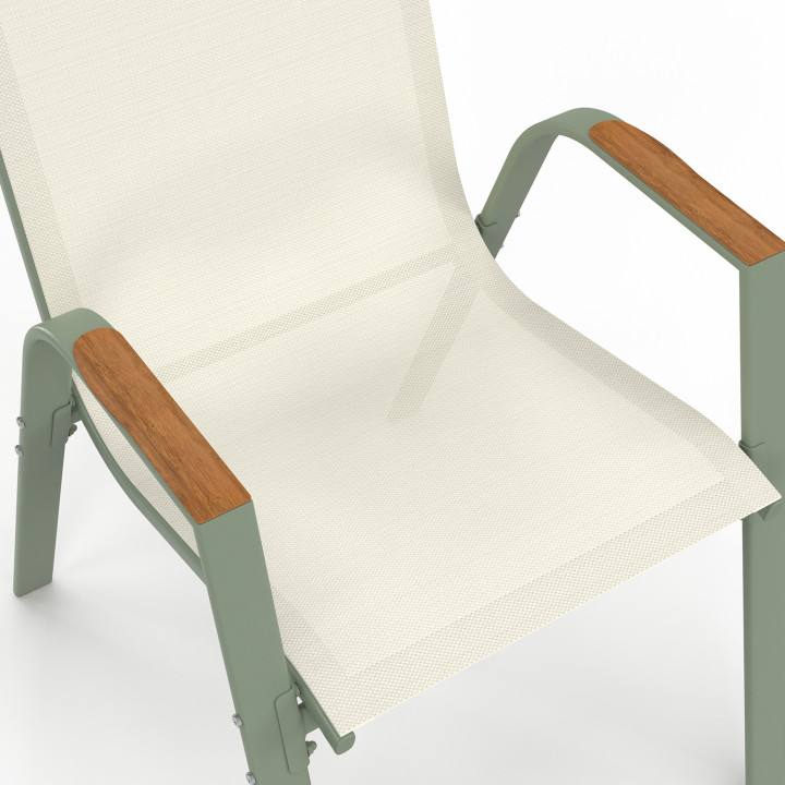 Set di mobili da giardino - Tavolo da 190 cm con piano in vetro temperato effetto legno e 8 sedie impilabili in legno e verde