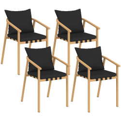 Set di 4 sedie da giardino, struttura in metallo effetto legno, cinghie e cuscini neri - MALTE | IdMarket
