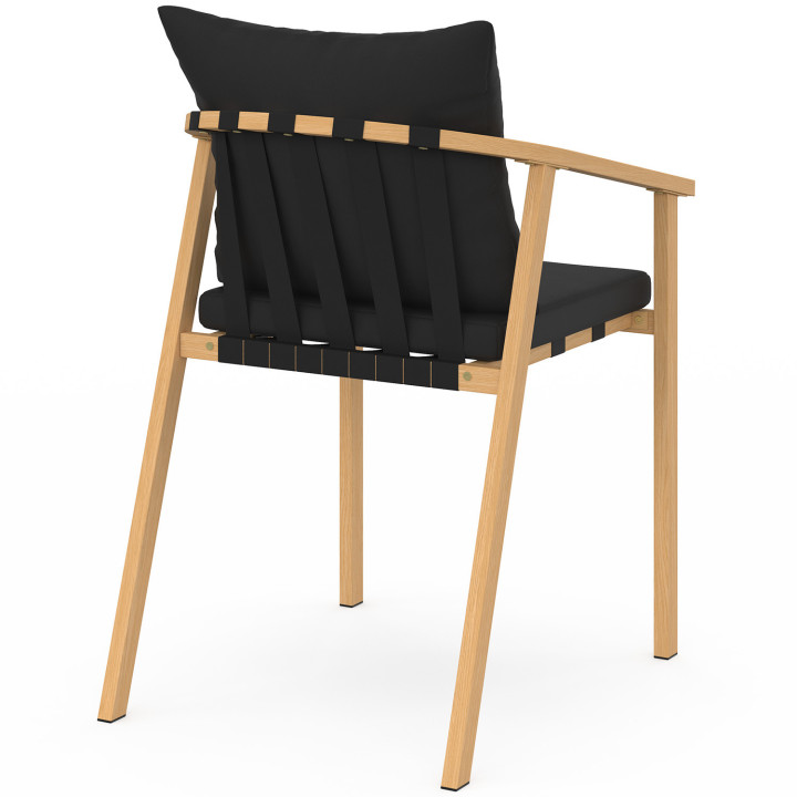 Set di 4 sedie da giardino, struttura in metallo effetto legno, cinghie e cuscini neri - MALTE | IdMarket