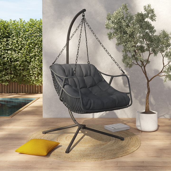 Poltrona reclinabile traforata in rattan grigio con cuscino grigio - LOA | IdMarket