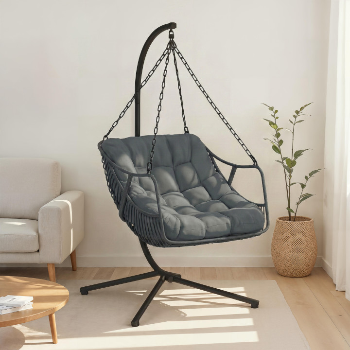 Poltrona reclinabile traforata in rattan grigio con cuscino grigio - LOA | IdMarket