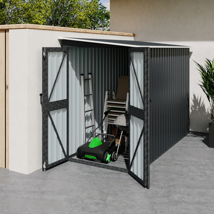 Casetta da giardino addossata in acciaio zincato grigio di 3 m² con base a doppia porta laterale | IdMarket