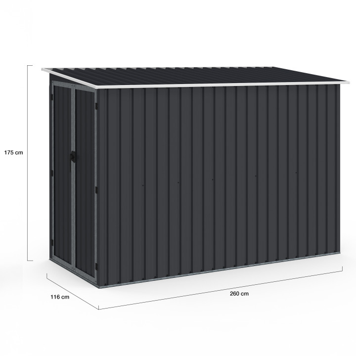 Casetta da giardino addossata in acciaio zincato grigio di 3 m² con base a doppia porta laterale | IdMarket