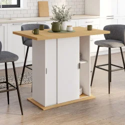 Isola centrale a 4 posti da 110 cm con contenitore in legno bianco e piano di lavoro effetto faggio - PAXTON | IdMarket
