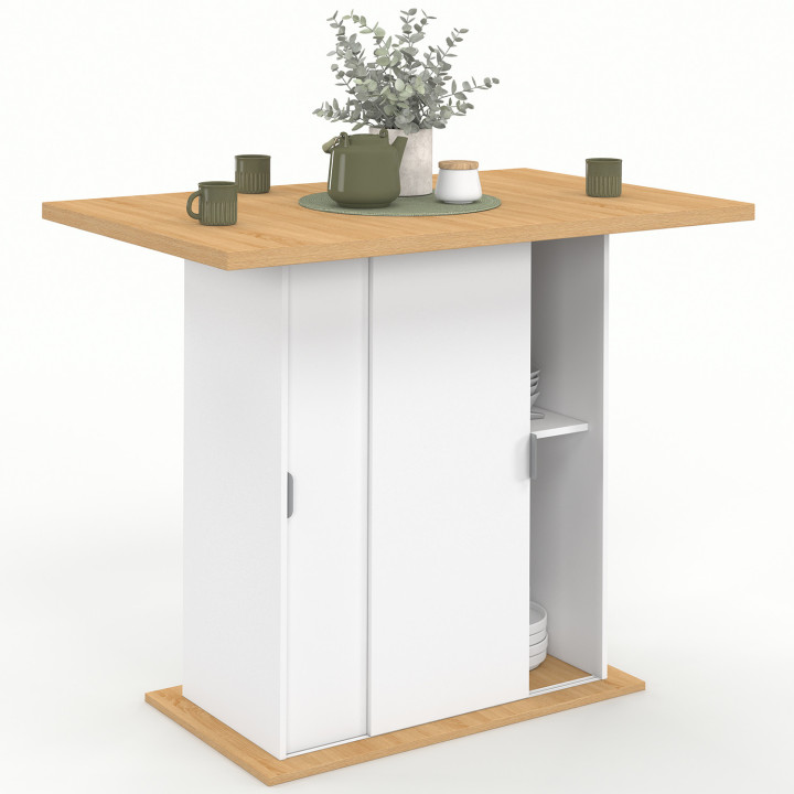 Isola centrale a 4 posti da 110 cm con contenitore in legno bianco e piano di lavoro effetto faggio - PAXTON | IdMarket