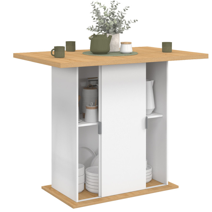 Isola centrale a 4 posti da 110 cm con contenitore in legno bianco e piano di lavoro effetto faggio - PAXTON | IdMarket