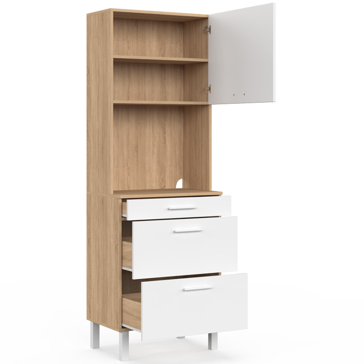 Microonde e casseruola a 2 porte CINA da 60 cm in faggio e bianco