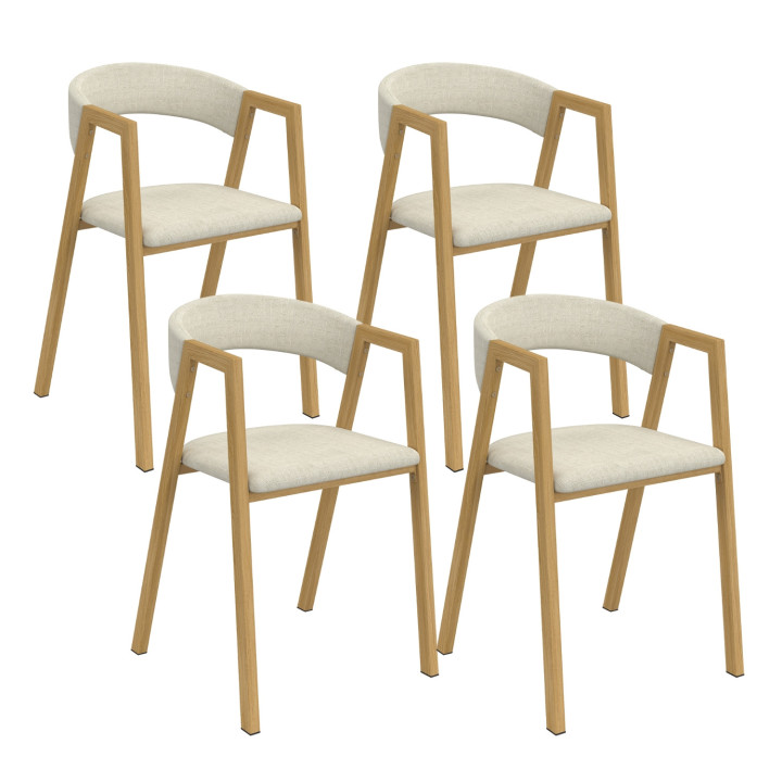 Set di 4 sedie in tessuto beige e metallo effetto legno con braccioli