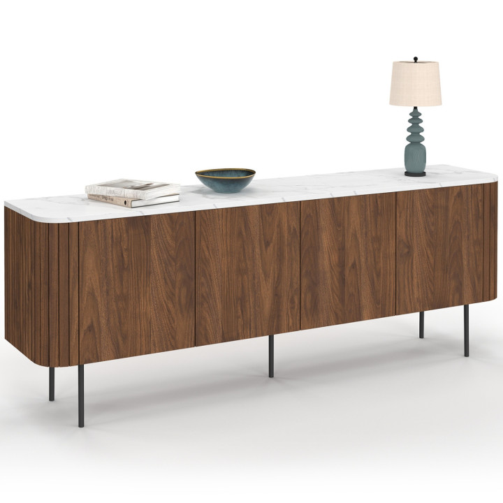 Credenza bassa da 160 cm con 4 ante effetto noce e piano in marmo bianco - MARLA | IdMarket