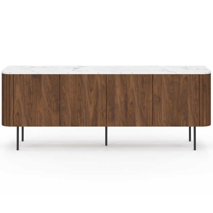 Credenza bassa da 160 cm con 4 ante effetto noce e piano in marmo bianco - MARLA | IdMarket