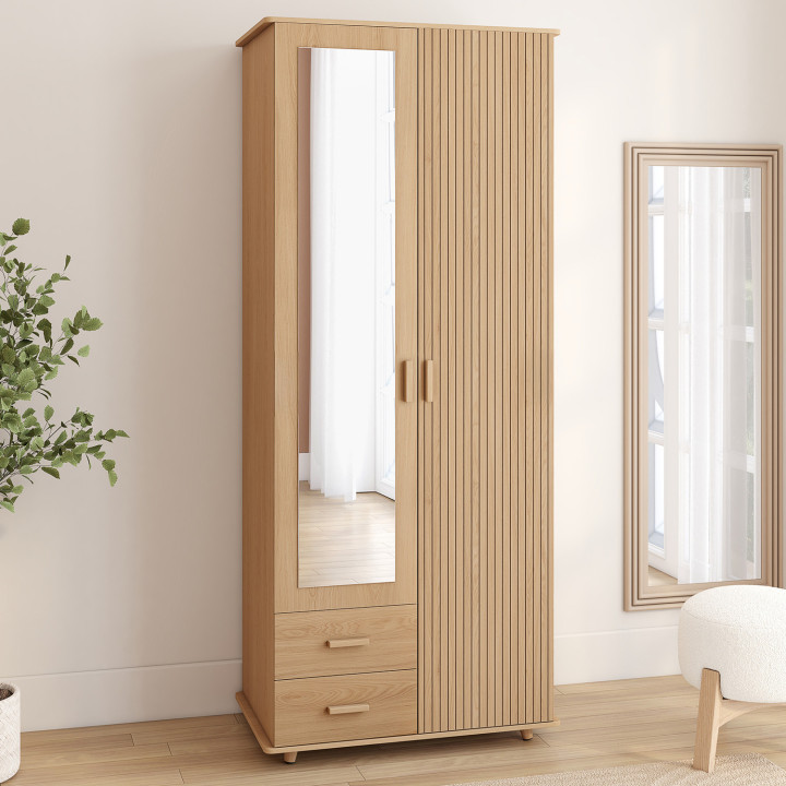 JULIETTE Armadio a 2 ante con effetto doghe in legno 80 cm Armadio con 2 cassetti, specchio e ripiani