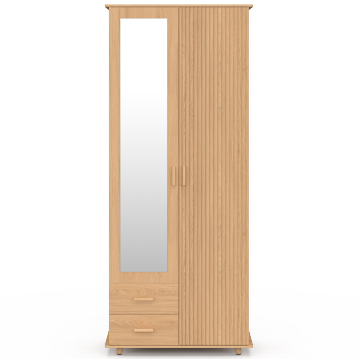 JULIETTE Armadio a 2 ante con effetto doghe in legno 80 cm Armadio con 2 cassetti, specchio e ripiani