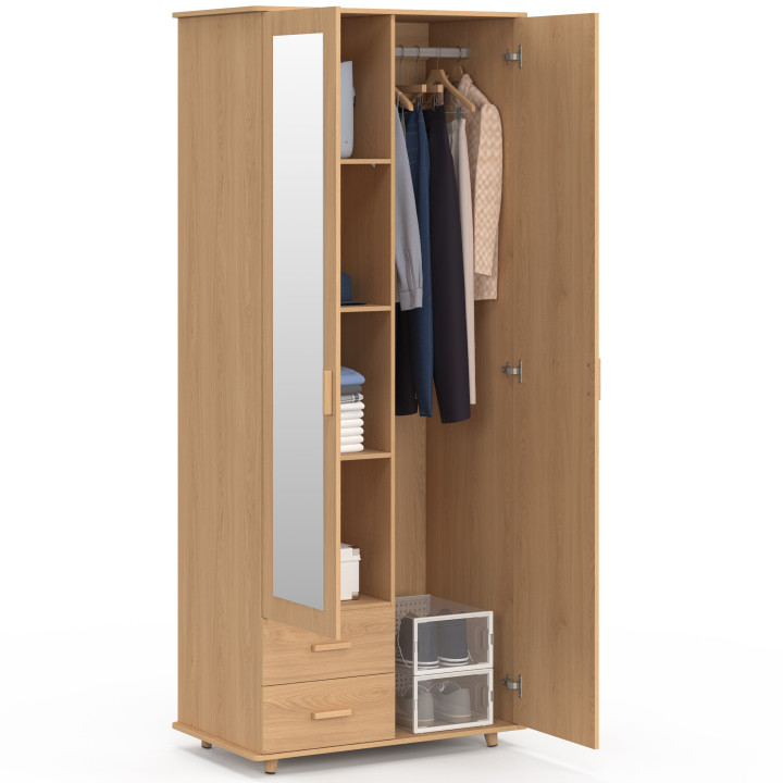 JULIETTE Armadio a 2 ante con effetto doghe in legno 80 cm Armadio con 2 cassetti, specchio e ripiani