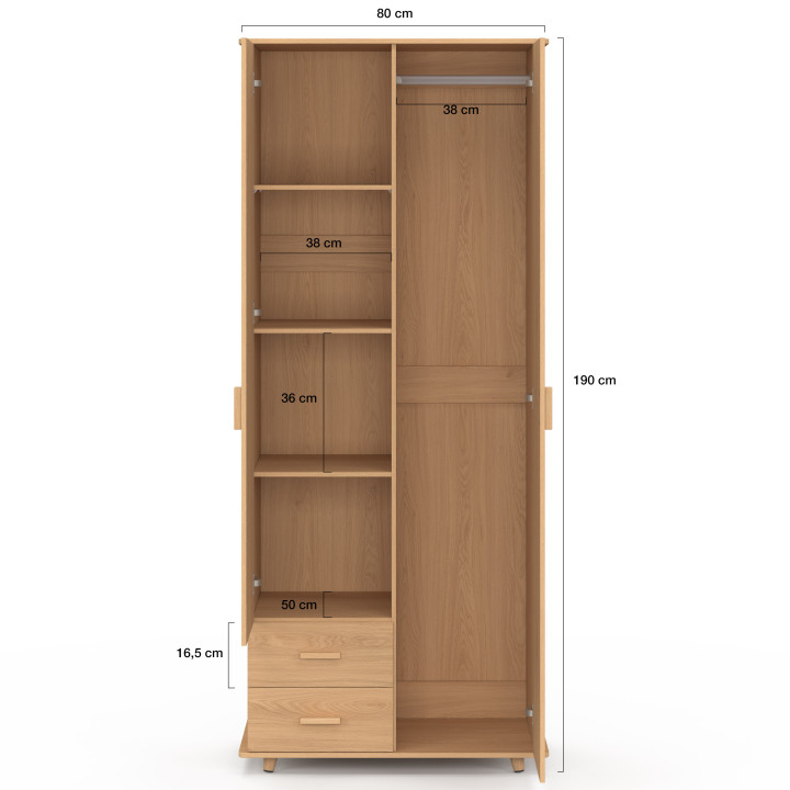 JULIETTE Armadio a 2 ante con effetto doghe in legno 80 cm Armadio con 2 cassetti, specchio e ripiani