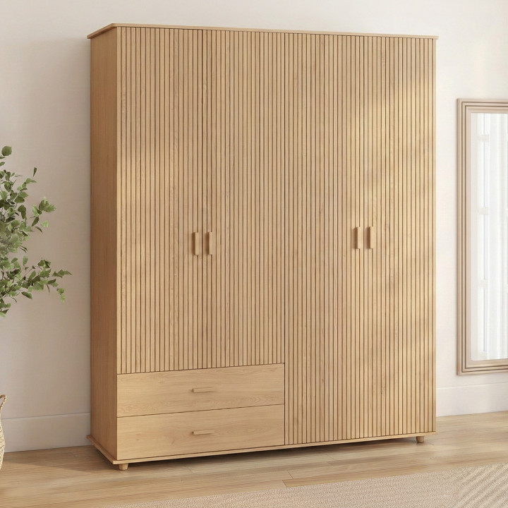 JULIETTE Armadio a 4 ante con effetto doghe in legno color rovere Armadio da 160 cm con 2 cassetti e ripiani