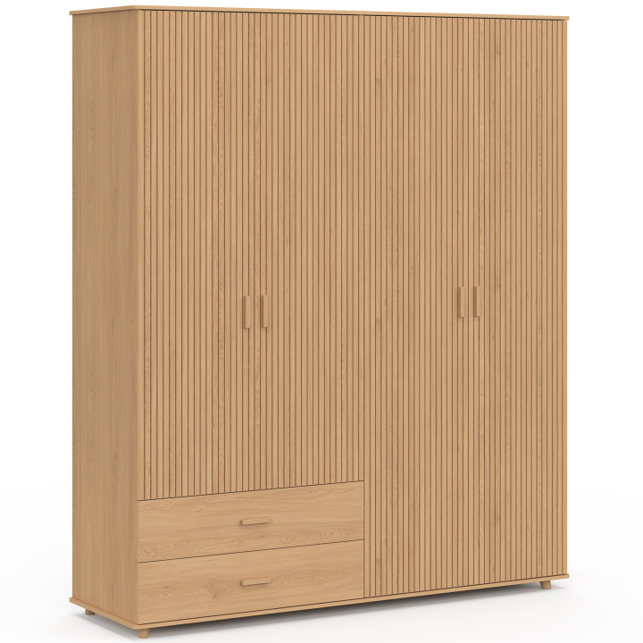 JULIETTE Armadio a 4 ante con effetto doghe in legno color rovere Armadio da 160 cm con 2 cassetti e ripiani