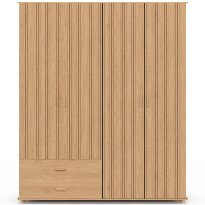 JULIETTE Armadio a 4 ante con effetto doghe in legno color rovere Armadio da 160 cm con 2 cassetti e ripiani
