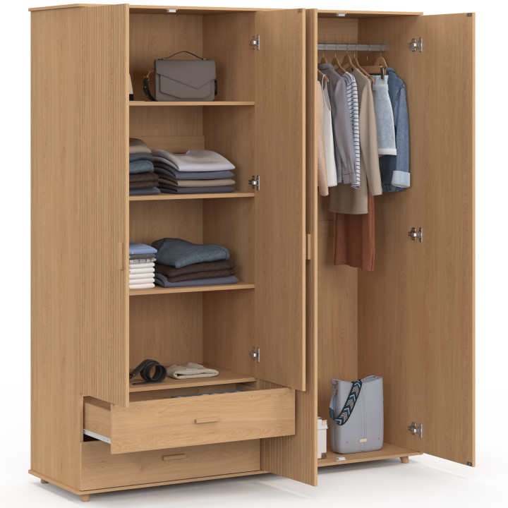 JULIETTE Armadio a 4 ante con effetto doghe in legno color rovere Armadio da 160 cm con 2 cassetti e ripiani