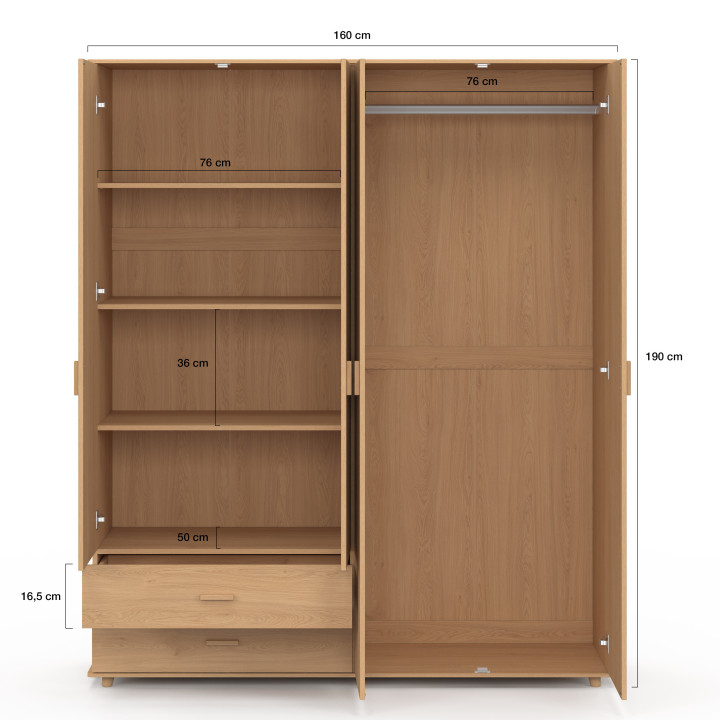 JULIETTE Armadio a 4 ante con effetto doghe in legno color rovere Armadio da 160 cm con 2 cassetti e ripiani
