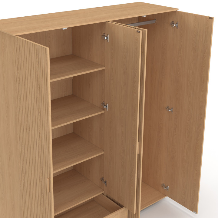 JULIETTE Armadio a 4 ante con effetto doghe in legno color rovere Armadio da 160 cm con 2 cassetti e ripiani