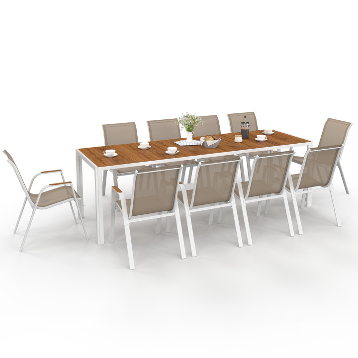 Set di mobili da giardino con piano in vetro temperato effetto legno da 240 cm e 10 sedie impilabili in legno e bianco - NOUMEA