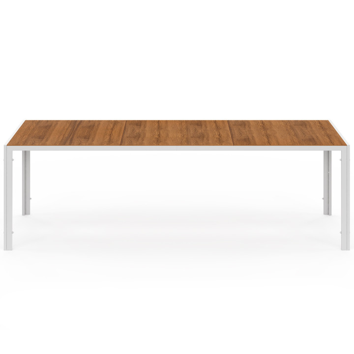 Set di mobili da giardino con piano in vetro temperato effetto legno da 240 cm e 10 sedie impilabili in legno e bianco - NOUMEA