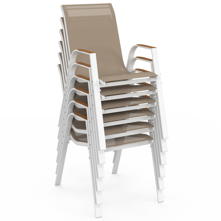 Set di mobili da giardino con piano in vetro temperato effetto legno da 240 cm e 10 sedie impilabili in legno e bianco - NOUMEA