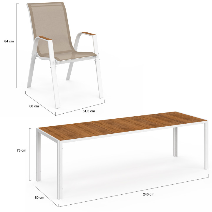 Set di mobili da giardino con piano in vetro temperato effetto legno da 240 cm e 10 sedie impilabili in legno e bianco - NOUMEA