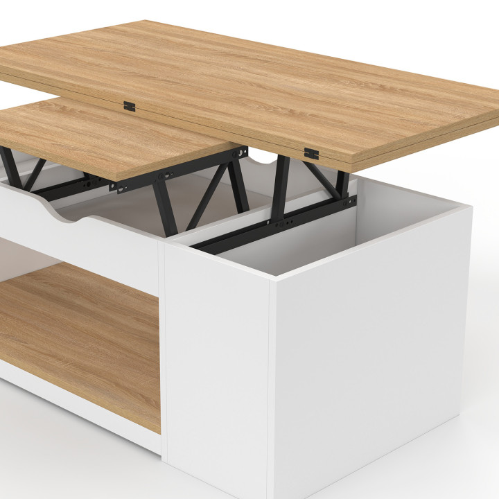 Tavolino rettangolare alzabile trasformabile in tavolo da pranzo da 100 cm in legno bianco e impiallacciatura di faggio