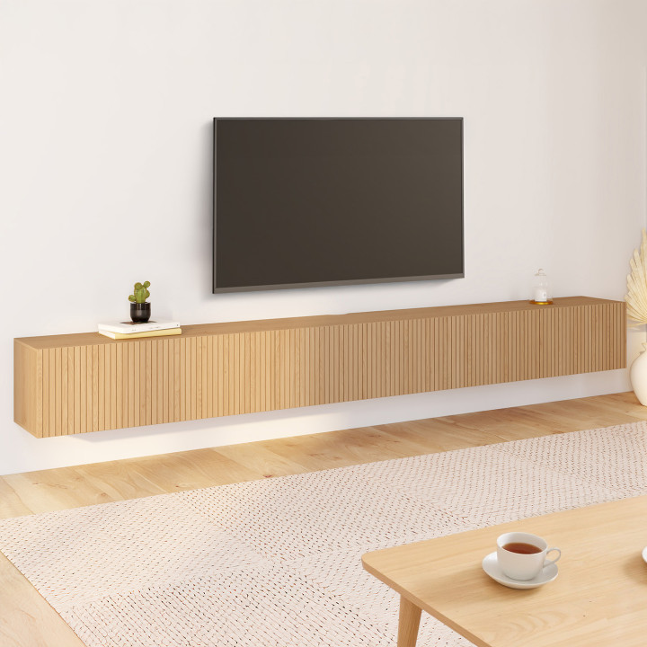 Mobile TV sospeso da 270 cm con 3 ante a doghe color rovere - JULIETTE | IdMarket
