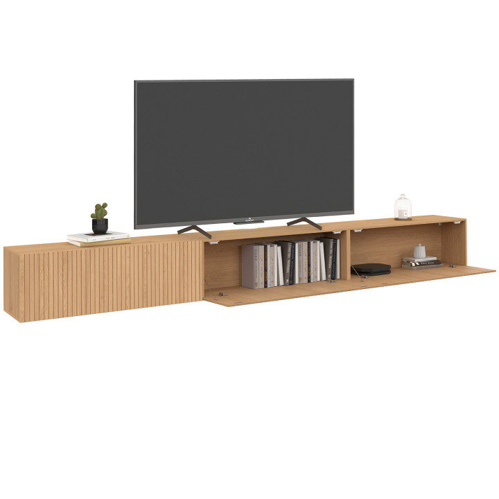 Mobile TV sospeso da 270 cm con 3 ante a doghe color rovere - JULIETTE | IdMarket