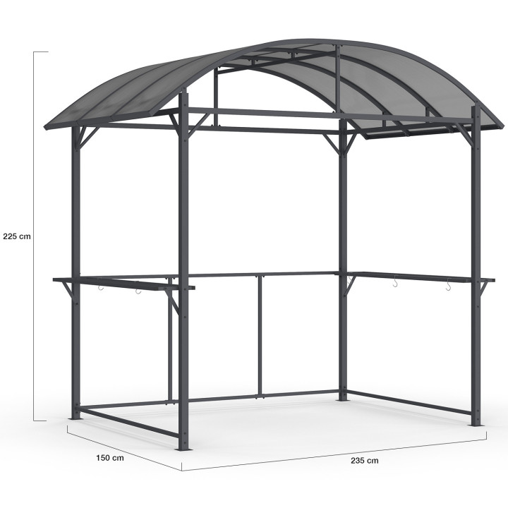 Pensilina per barbecue 240 x 150 x 220 cm con ripiani, metallo grigio e tetto in policarbonato | IdMarket