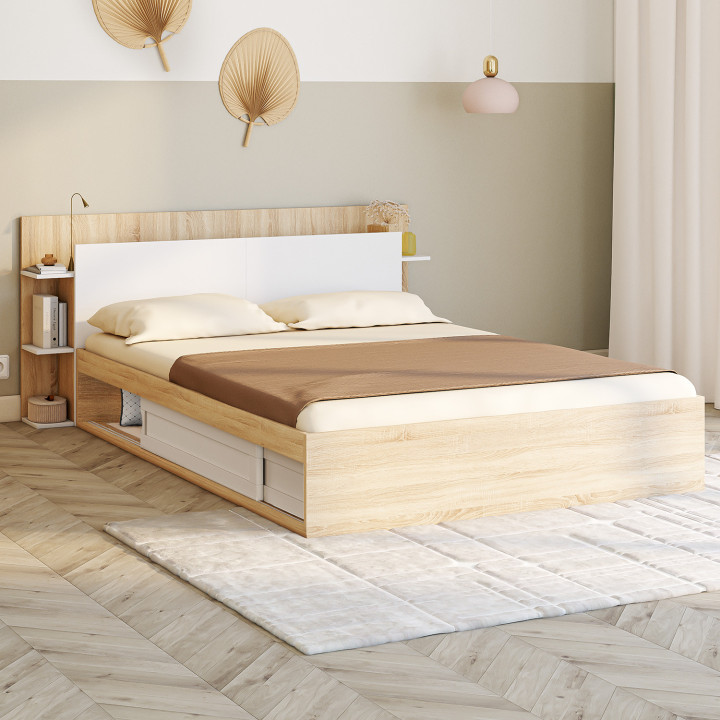 Letto matrimoniale con contenitore, rete e testata 140 x 190 cm in legno e bianco