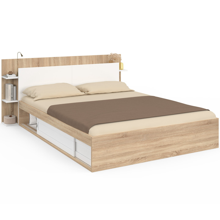Letto matrimoniale con contenitore, rete e testata 140 x 190 cm in legno e bianco