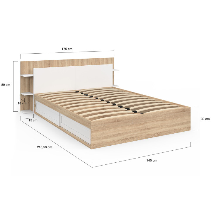 Letto matrimoniale con contenitore, rete e testata 140 x 190 cm in legno e bianco