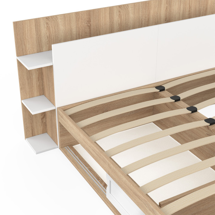 Letto matrimoniale con contenitore, rete e testata 140 x 190 cm in legno e bianco