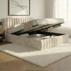 Letto matrimoniale con rete e testata 140x190 in velluto beige - ALBA | ID Market