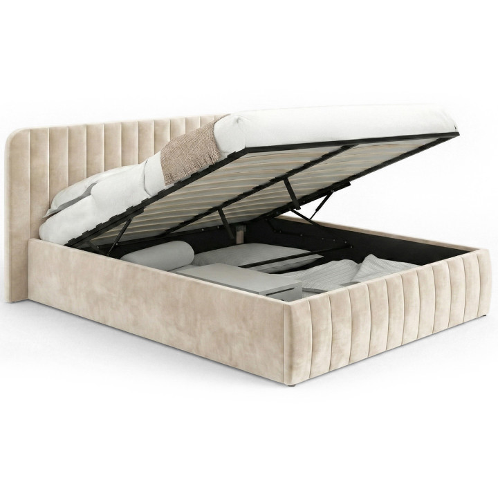 Letto matrimoniale con rete e testata 140x190 in velluto beige - ALBA | ID Market