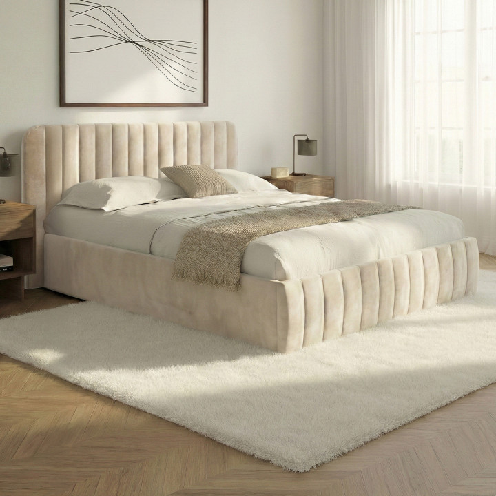 Letto matrimoniale con rete e testata 140x190 in velluto beige - ALBA | ID Market