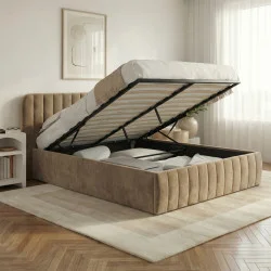 Letto matrimoniale con testiera e rete 140 x 190 cm in velluto tortora - ALBA | IdMarket