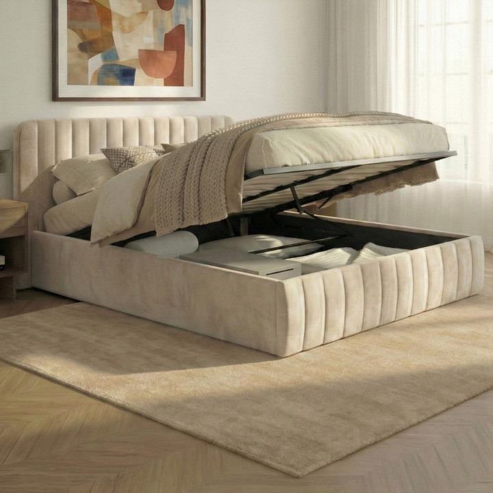 Letto matrimoniale con testiera 160x200cm in velluto beige - ALBA | ID Market