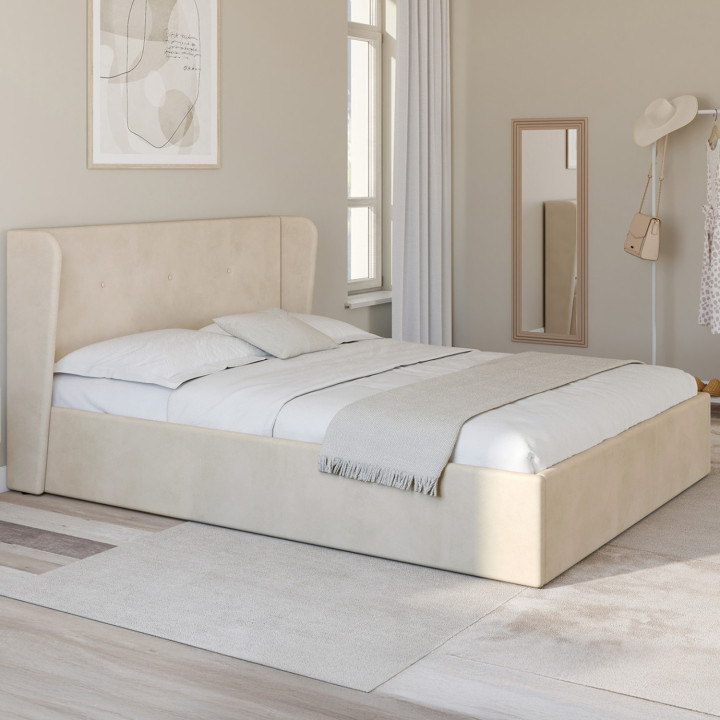 Letto matrimoniale con testiera avvolgente e base in velluto beige 140 x 190 cm - OREA | IdMarket
