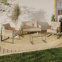 Set di mobili da giardino bassi a 4 posti con struttura in metallo verde, cordame effetto rattan chiaro e cuscini beige