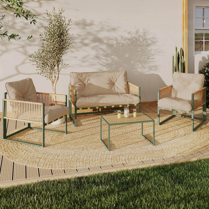 Set di mobili da giardino bassi a 4 posti con struttura in metallo verde, cordame effetto rattan chiaro e cuscini beige
